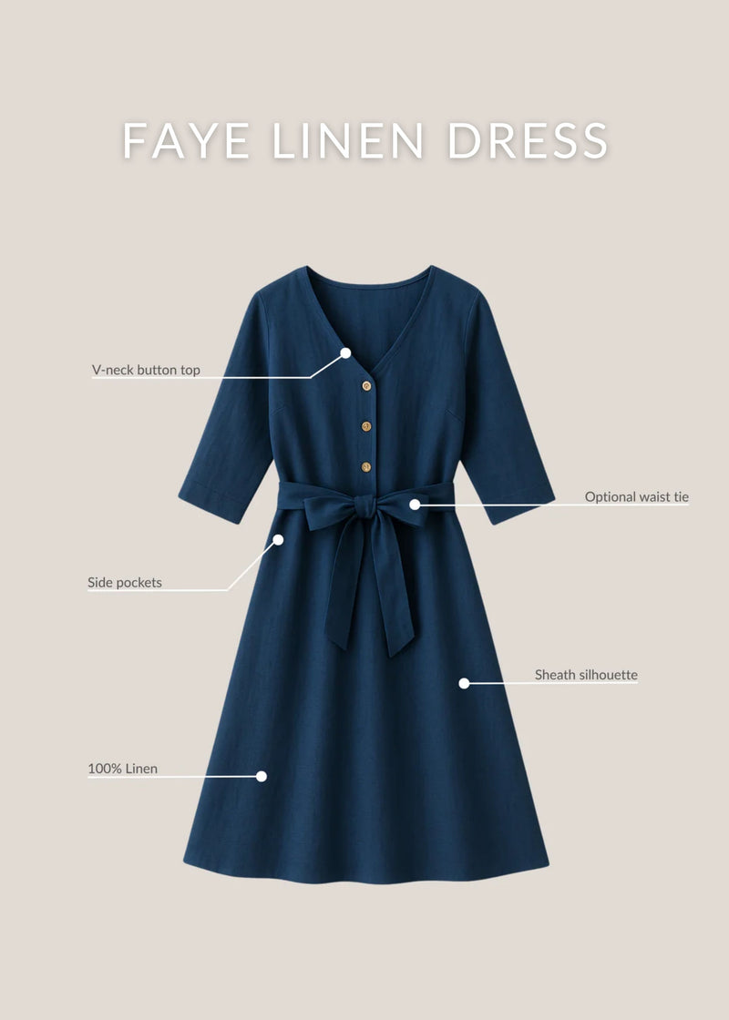 Navy blue Faye linen dress with V-neck button top, optional waist tie, side pockets, and sheath silhouette.