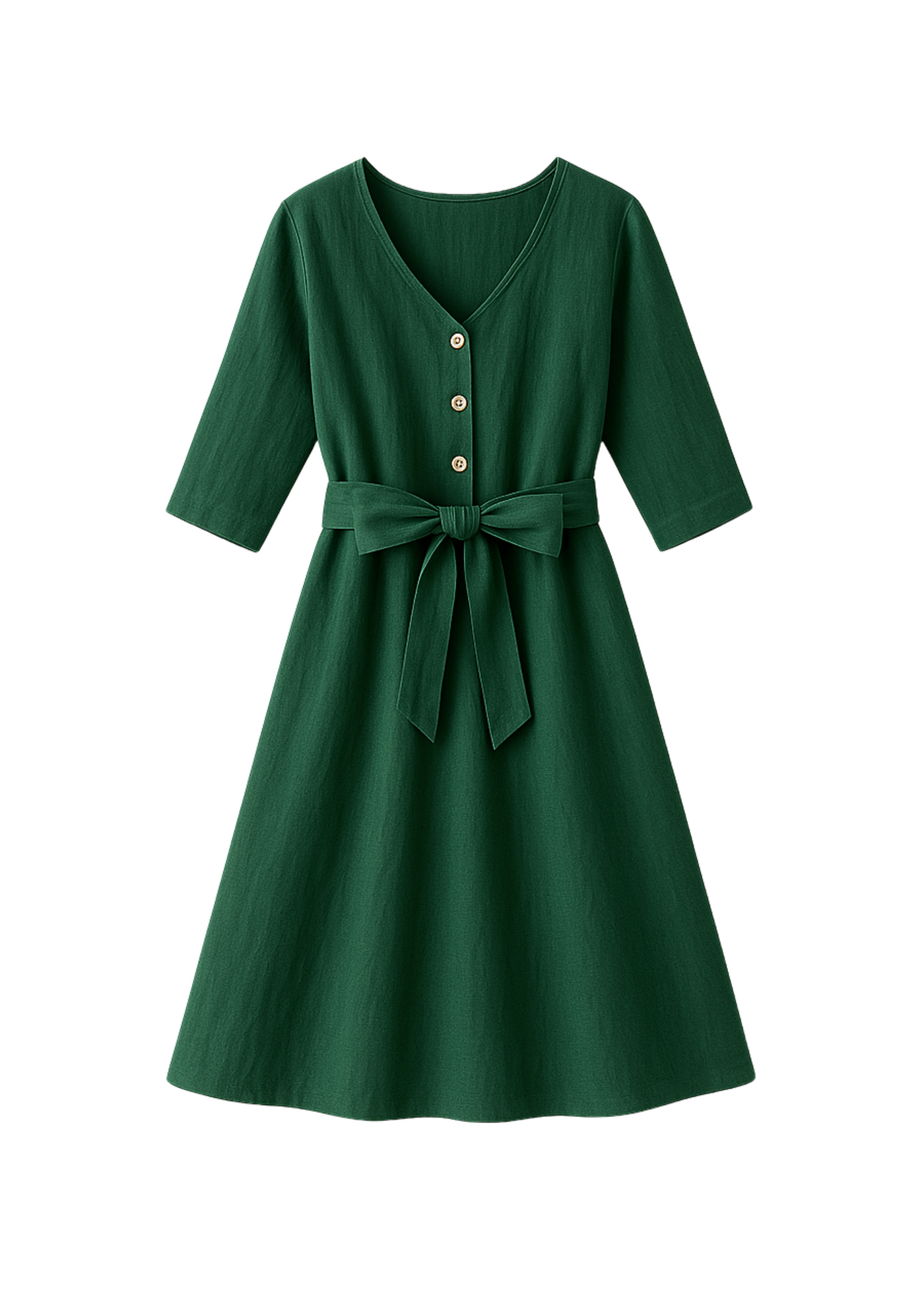 Faye Dress in green softened linen with V-neck, front buttons, 3/4 sleeves, and waist tie.