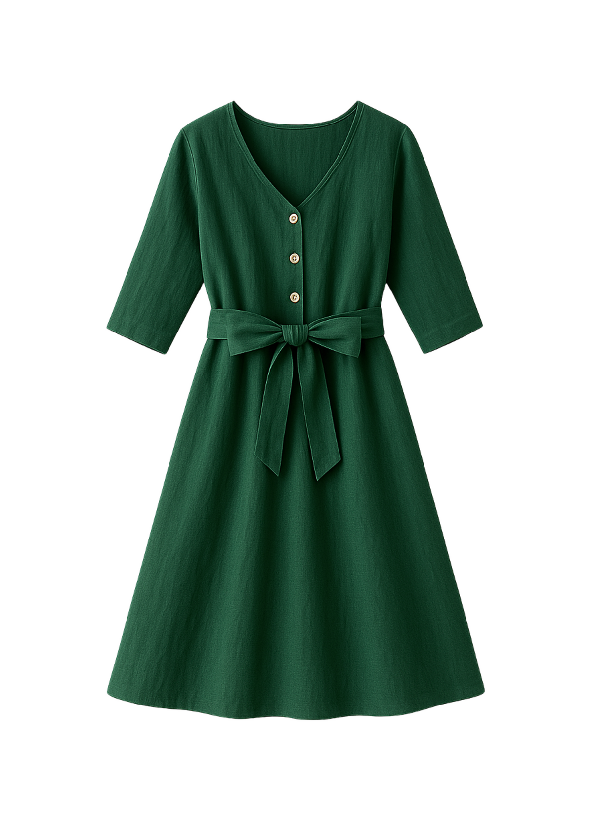 Faye Dress in green softened linen with V-neck, front buttons, 3/4 sleeves, and waist tie.