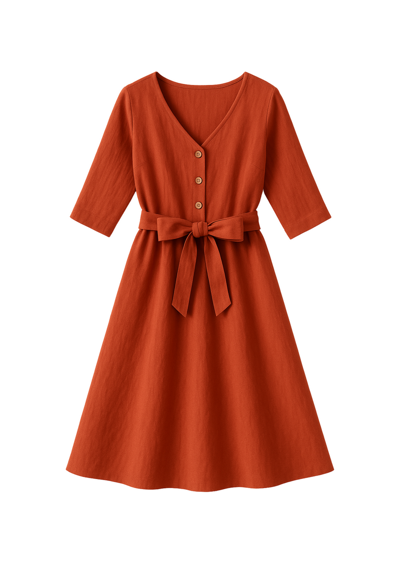 Faye Dress: Rust linen v-neck dress with front buttons, 3/4 sleeves, and a tied waist.
