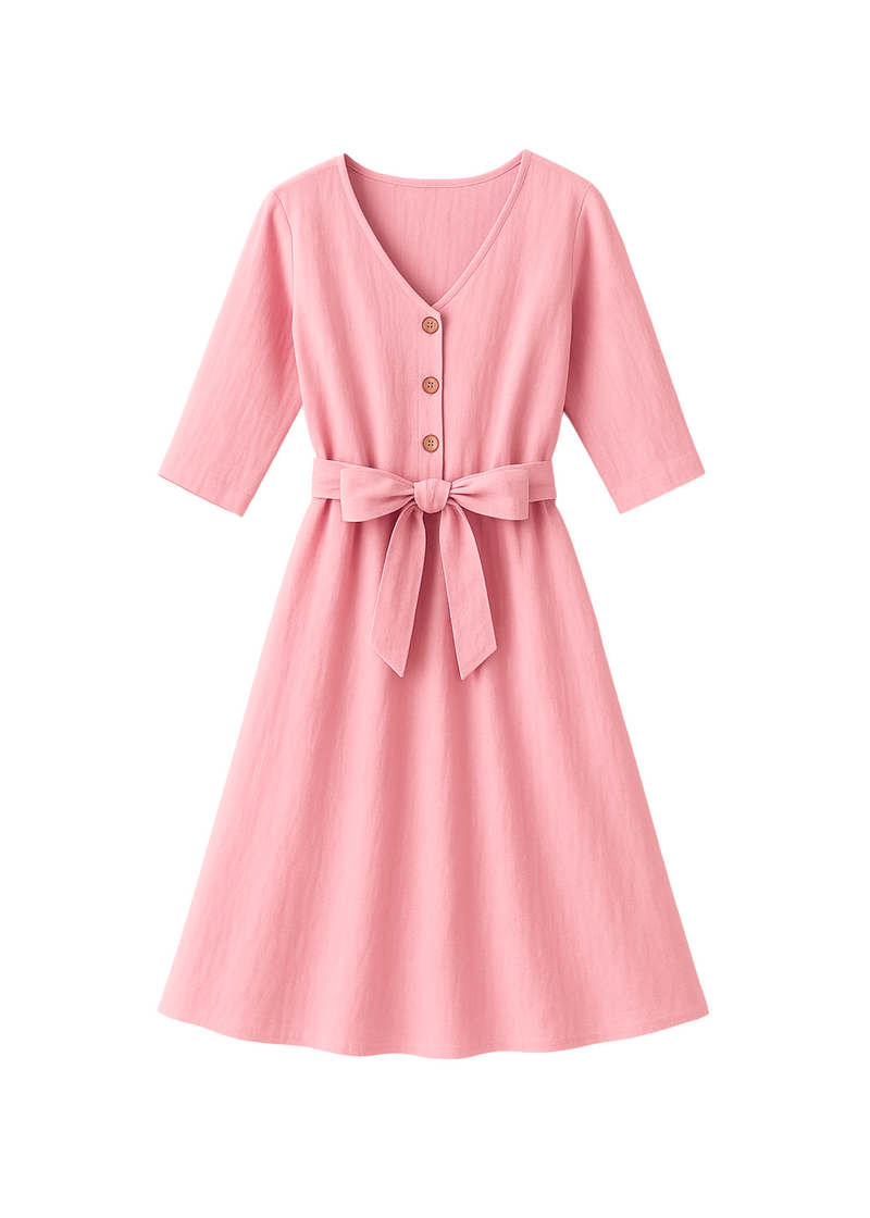 Pink linen Faye dress with V-neck, front buttons, 3/4 sleeves, and a tied waist sash.