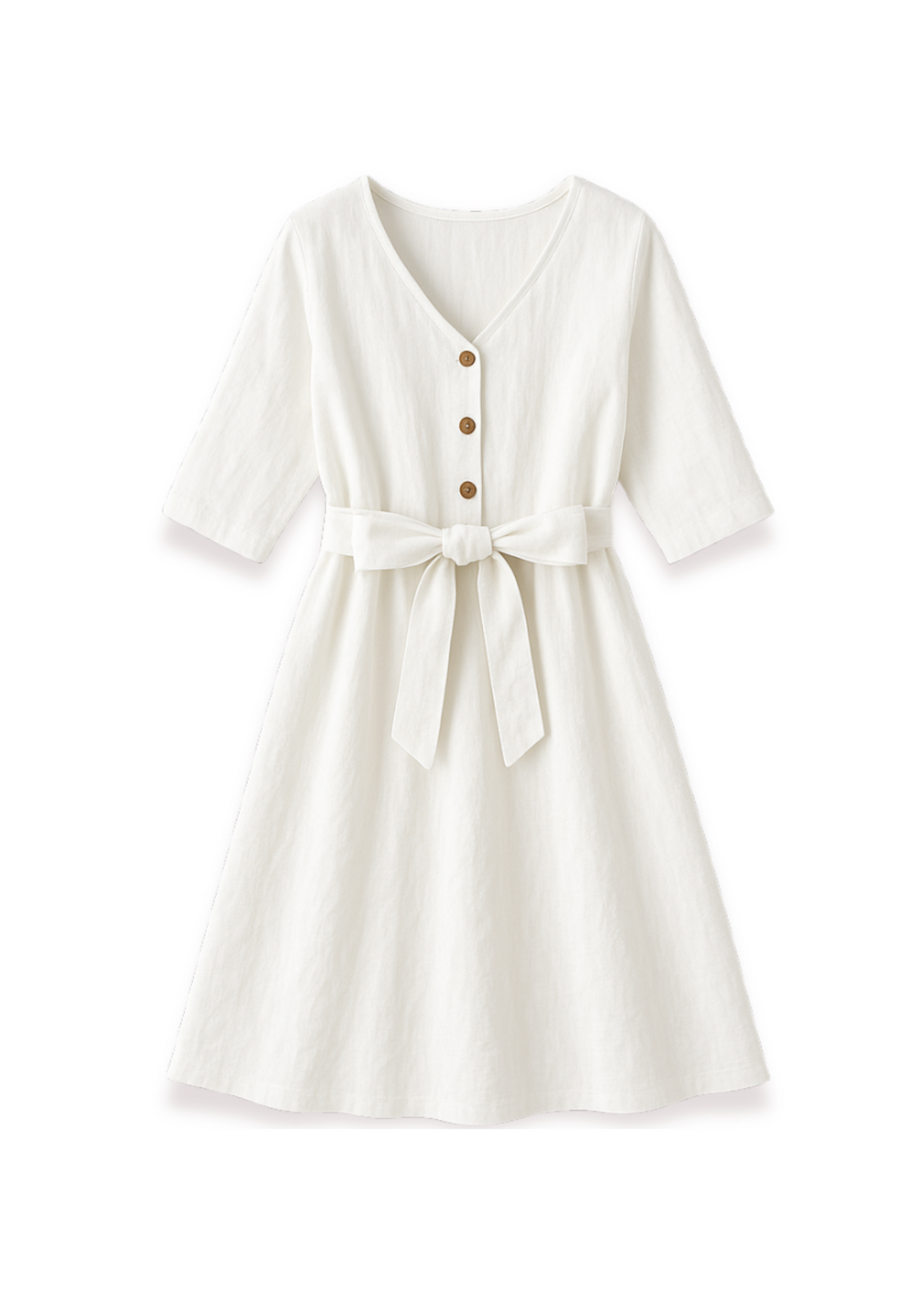 White linen Faye Dress with V-neck, front buttons, and a tied waist.