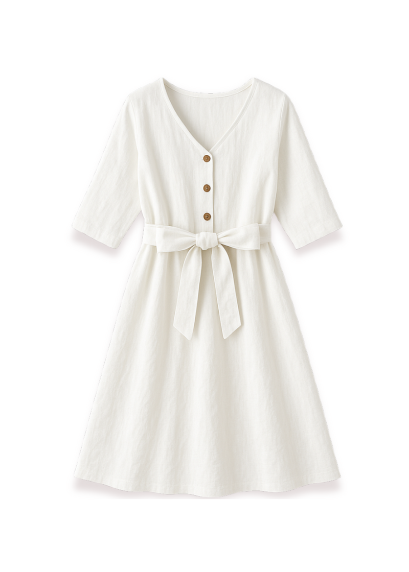 White linen Faye Dress with V-neck, front buttons, and a tied waist.