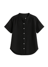 Black cotton gauze button-down top with short sleeves and a band collar.