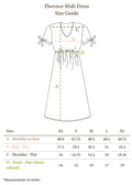 Florence Midi Dress size guide showing shoulder to hem, bust, shoulder, and relaxed elastic waist measurements.