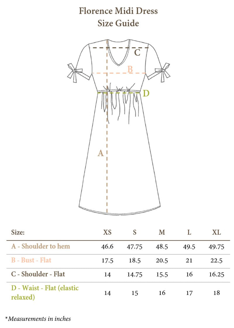 Florence Midi Dress size guide showing shoulder to hem, bust, shoulder, and relaxed elastic waist measurements.