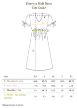 Florence Midi Dress size guide showing shoulder to hem, bust, shoulder, and relaxed elastic waist measurements.