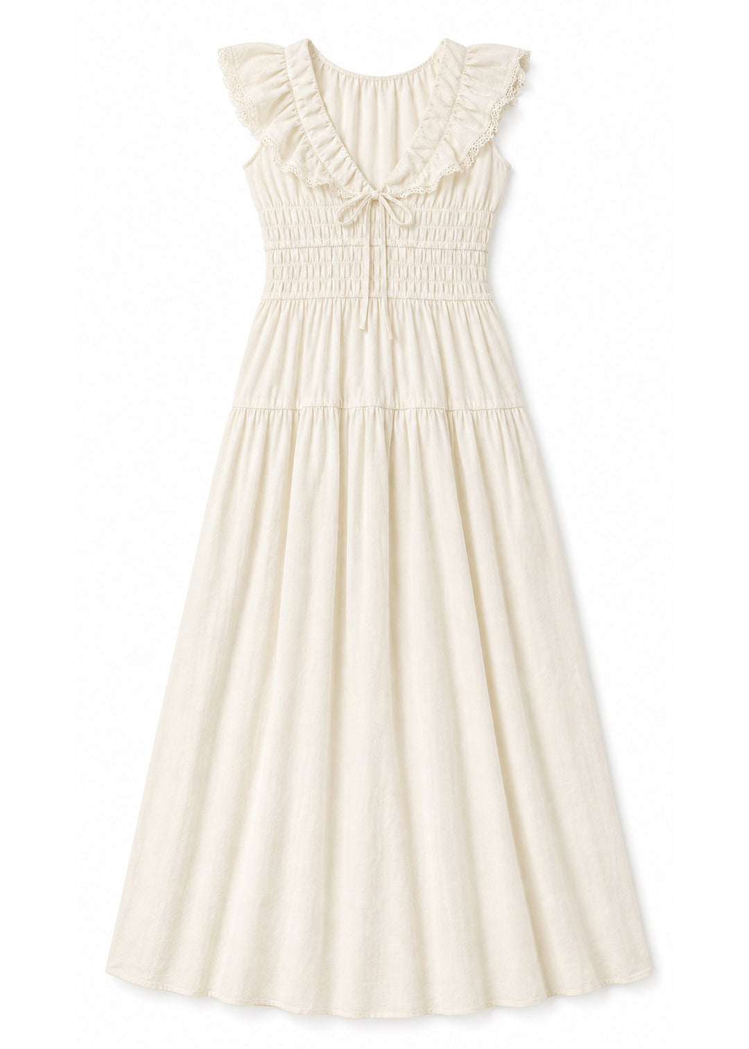 Flutter Sleeve Ruched Maxi Dress in Cotton in Natural — flat lay