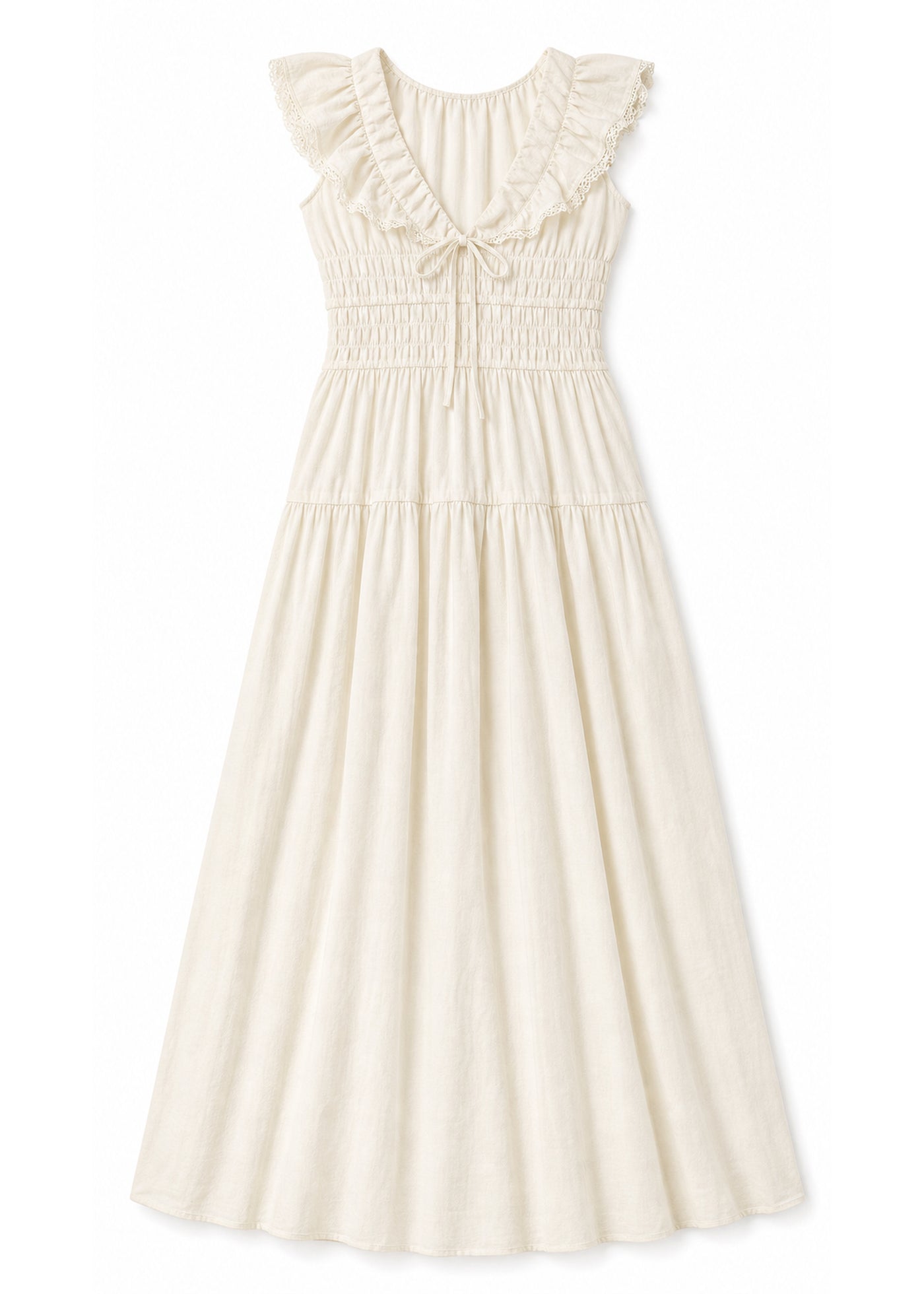 Flutter Sleeve Ruched Maxi Dress in Cotton in Natural — flat lay