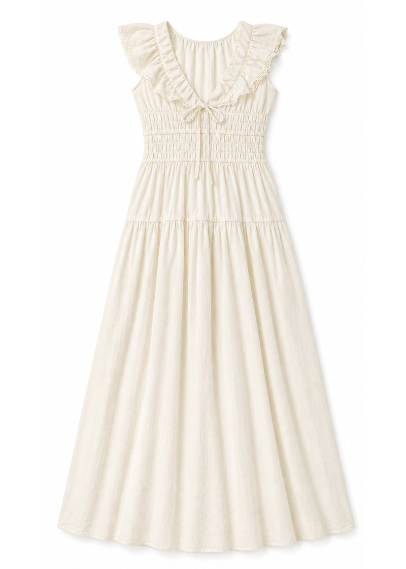 Flutter Sleeve Ruched Maxi Dress in Cotton in Natural — flat lay