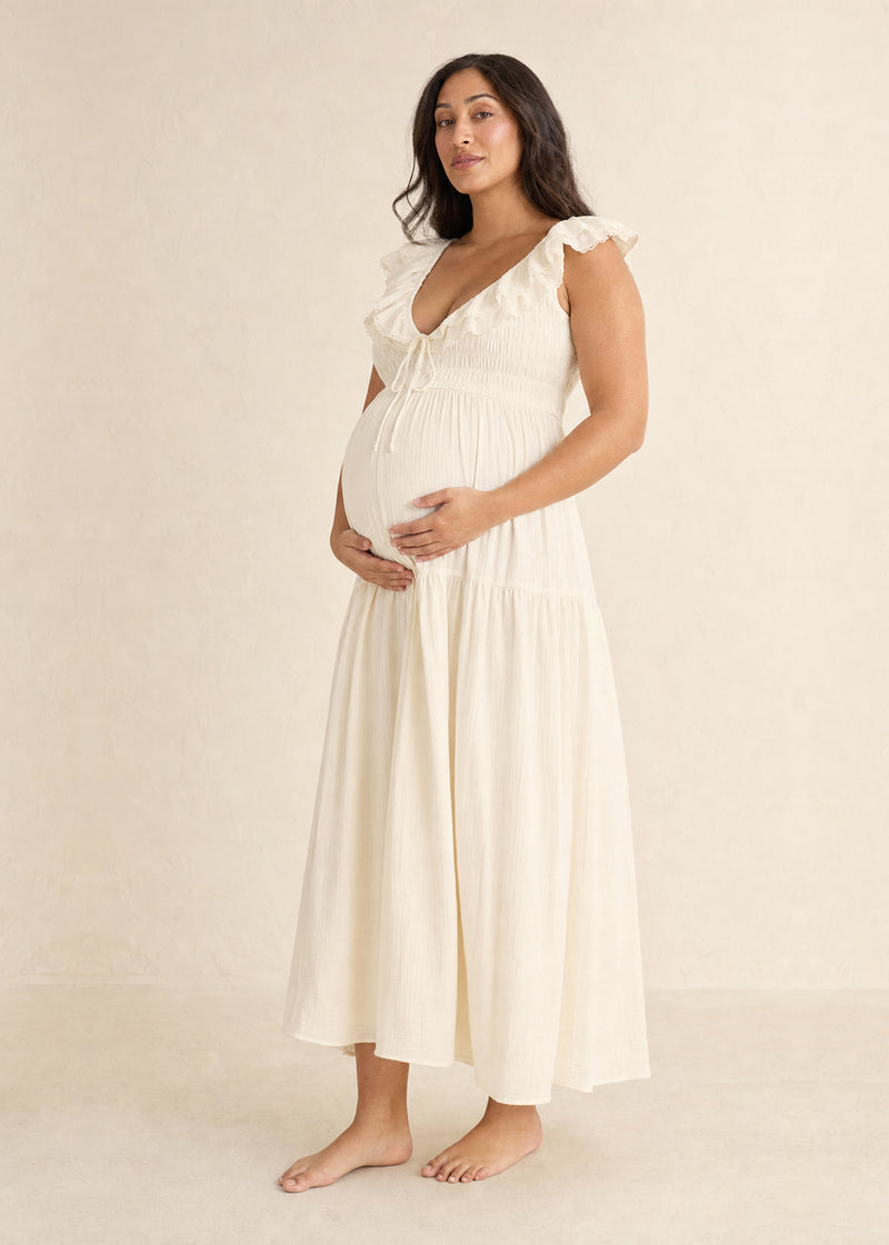 Flutter Sleeve Ruched Maxi Dress in Cotton in Natural — on model