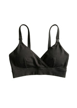 Flat lay of the Front Clasp Nursing Bra in Black — organic cotton with easy-open front clasp