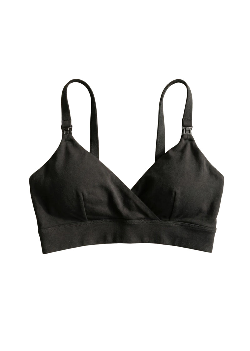 Flat lay of the Front Clasp Nursing Bra in Black — organic cotton with easy-open front clasp