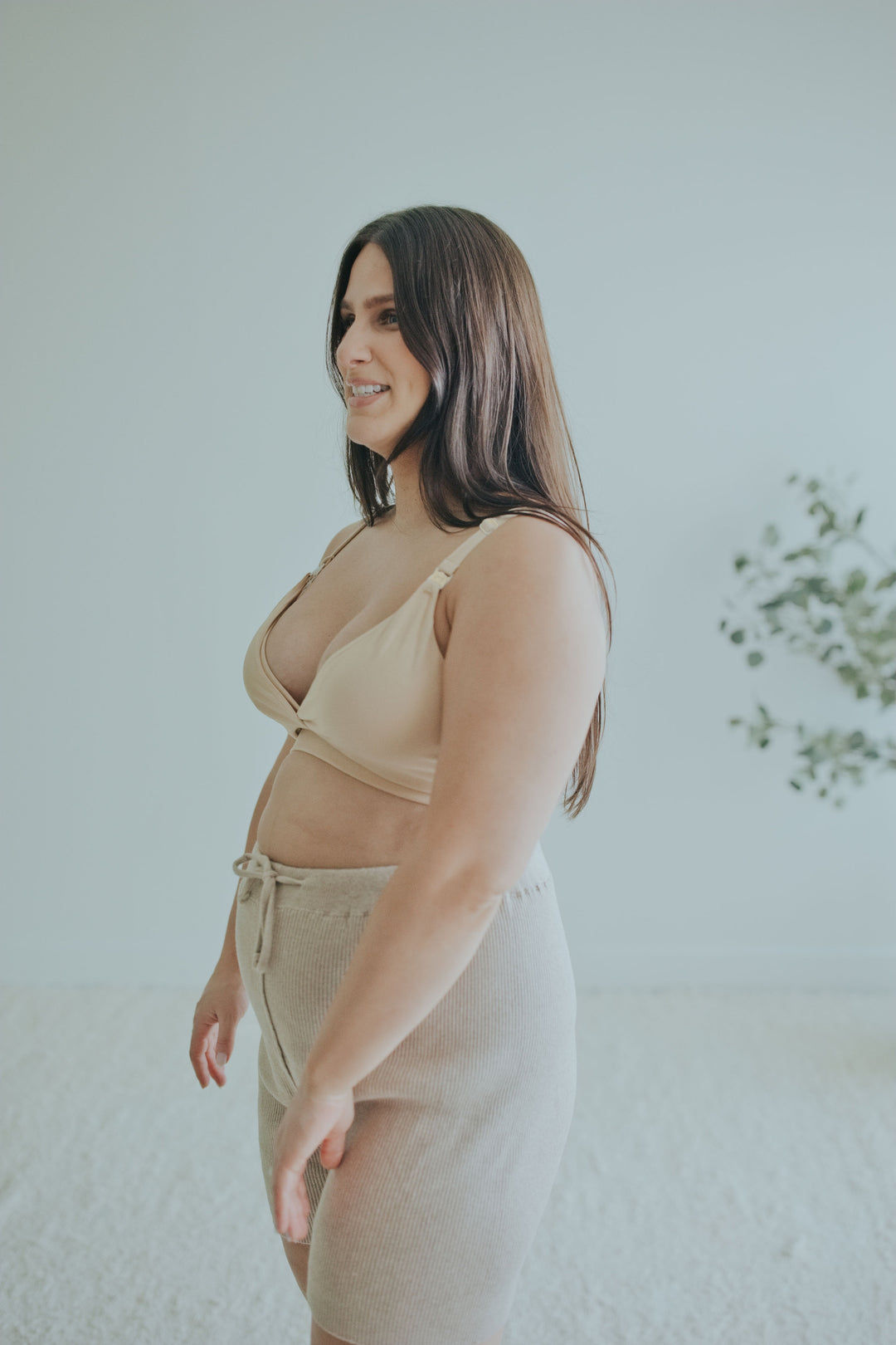 Side view of the Beige Front Clasp Nursing Bra