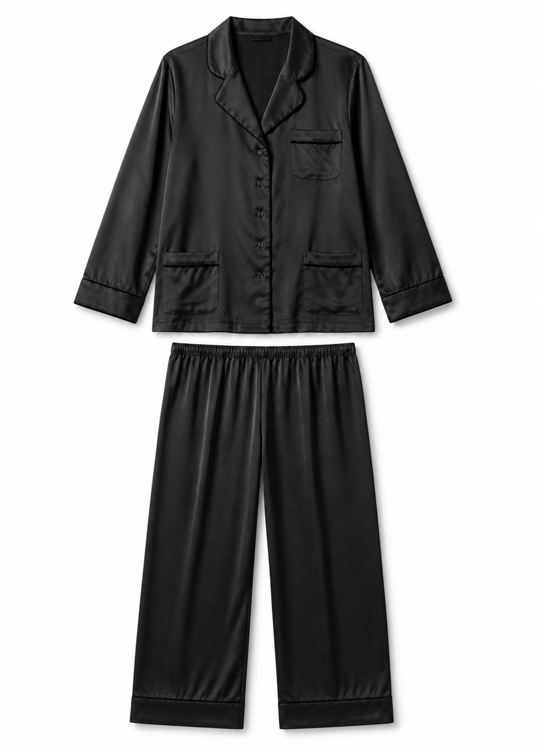 Notch-Collar Satin Pajama Set in Black - flat lay