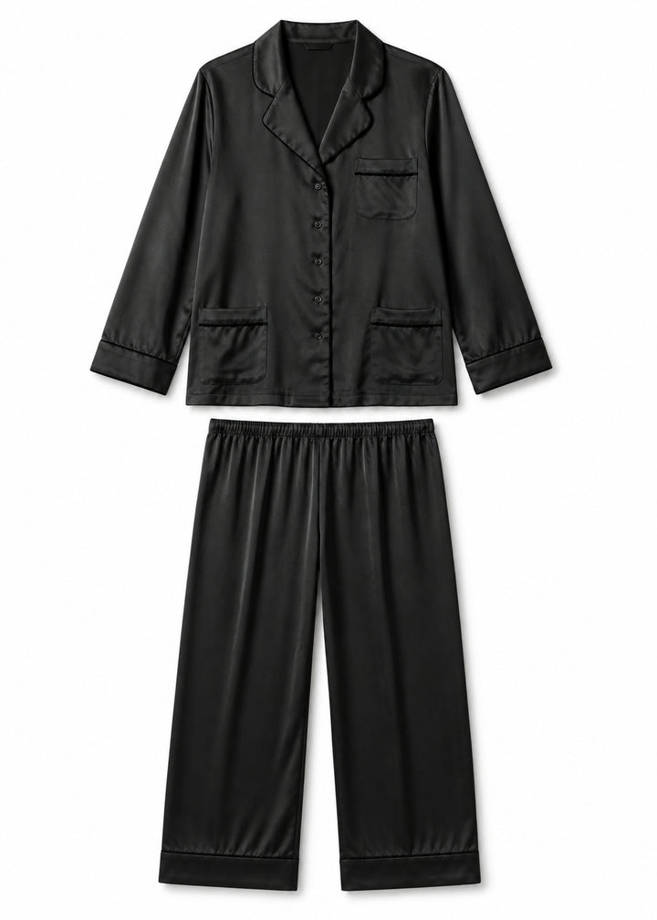 Notch-Collar Satin Pajama Set in Black - flat lay
