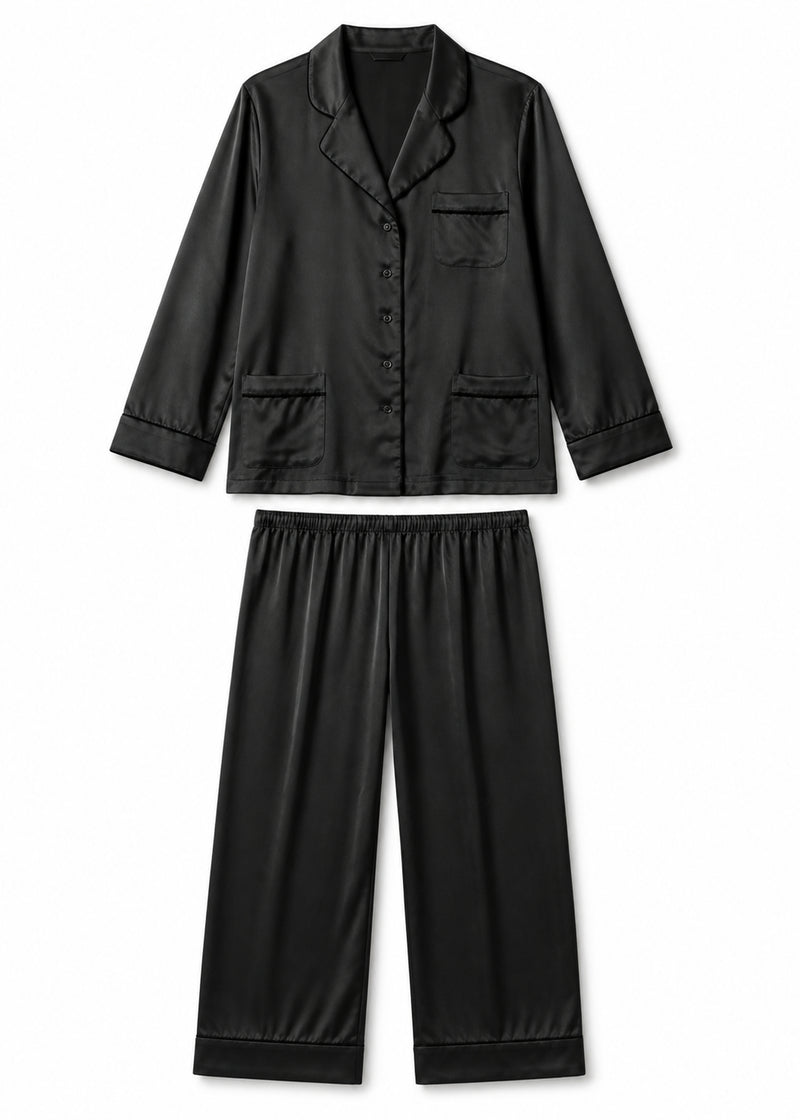 Notch-Collar Satin Pajama Set in Black - flat lay