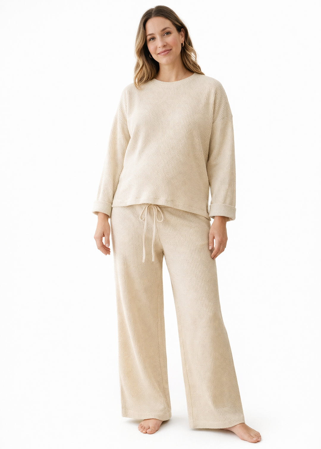 Waffle-Texture Drawstring Linen Lounge Set in Linen in Oatmeal — on model