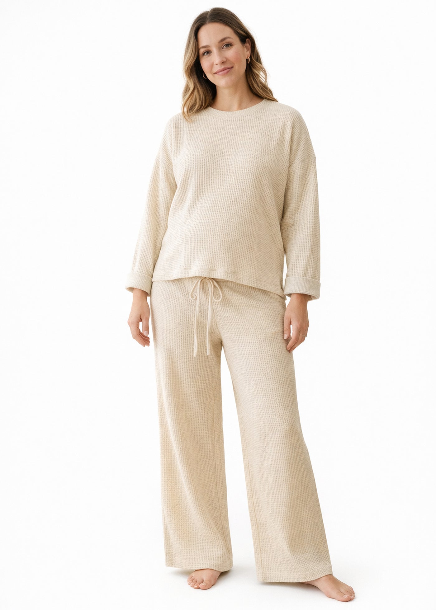 Waffle-Texture Drawstring Linen Lounge Set in Linen in Oatmeal — on model