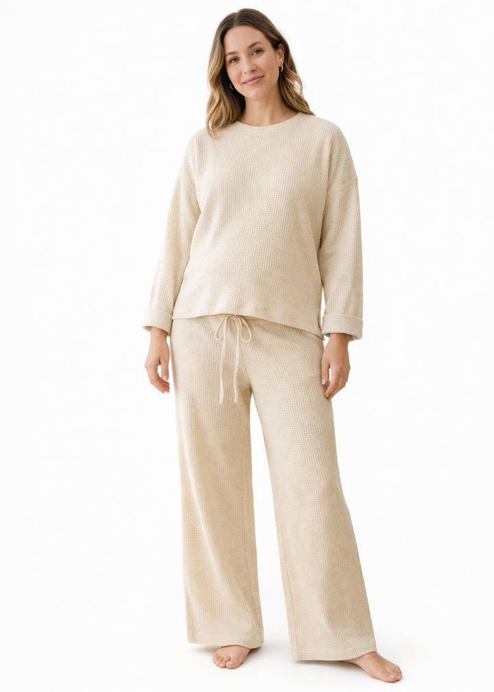 Waffle-Texture Drawstring Linen Lounge Set in Linen in Oatmeal — on model
