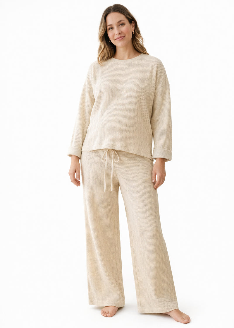 Waffle-Texture Drawstring Linen Lounge Set in Linen in Oatmeal — on model