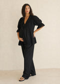 Eyelet Ruffle Puff Sleeve Blouse in Cotton in Black — on model