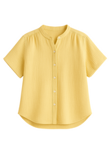 Yellow cotton gauze button-down top with short sleeves and a band collar.