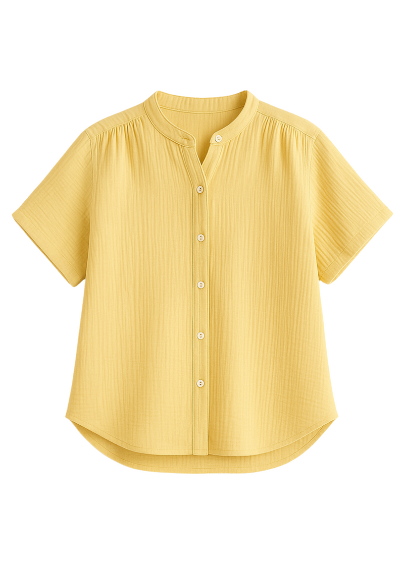 Yellow cotton gauze button-down top with short sleeves and a band collar.