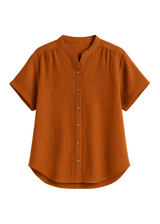 Oversized terracotta cotton gauze button-down top with short sleeves and a band collar.