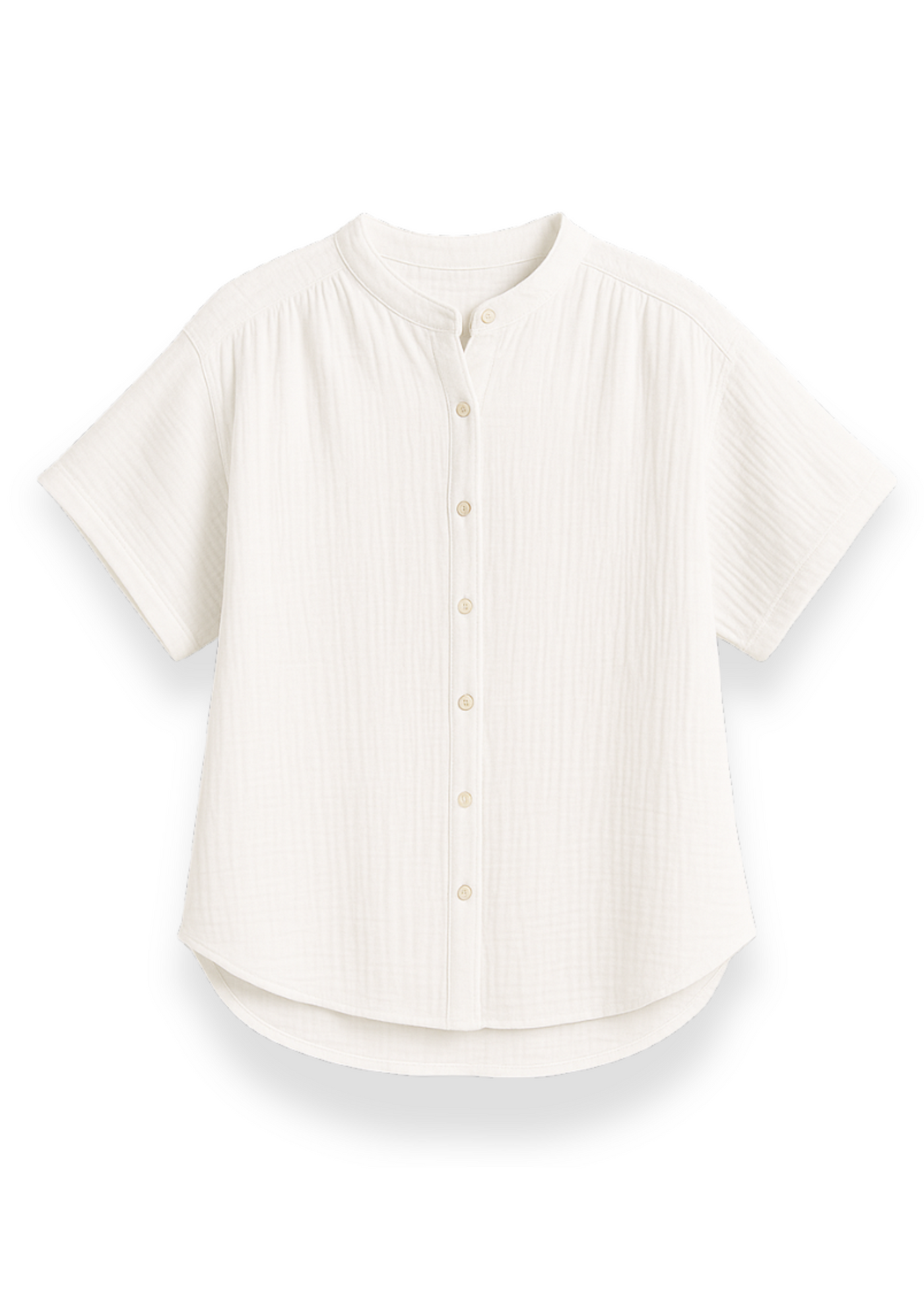 Oversized white cotton gauze button-down top with short sleeves and a mandarin collar.