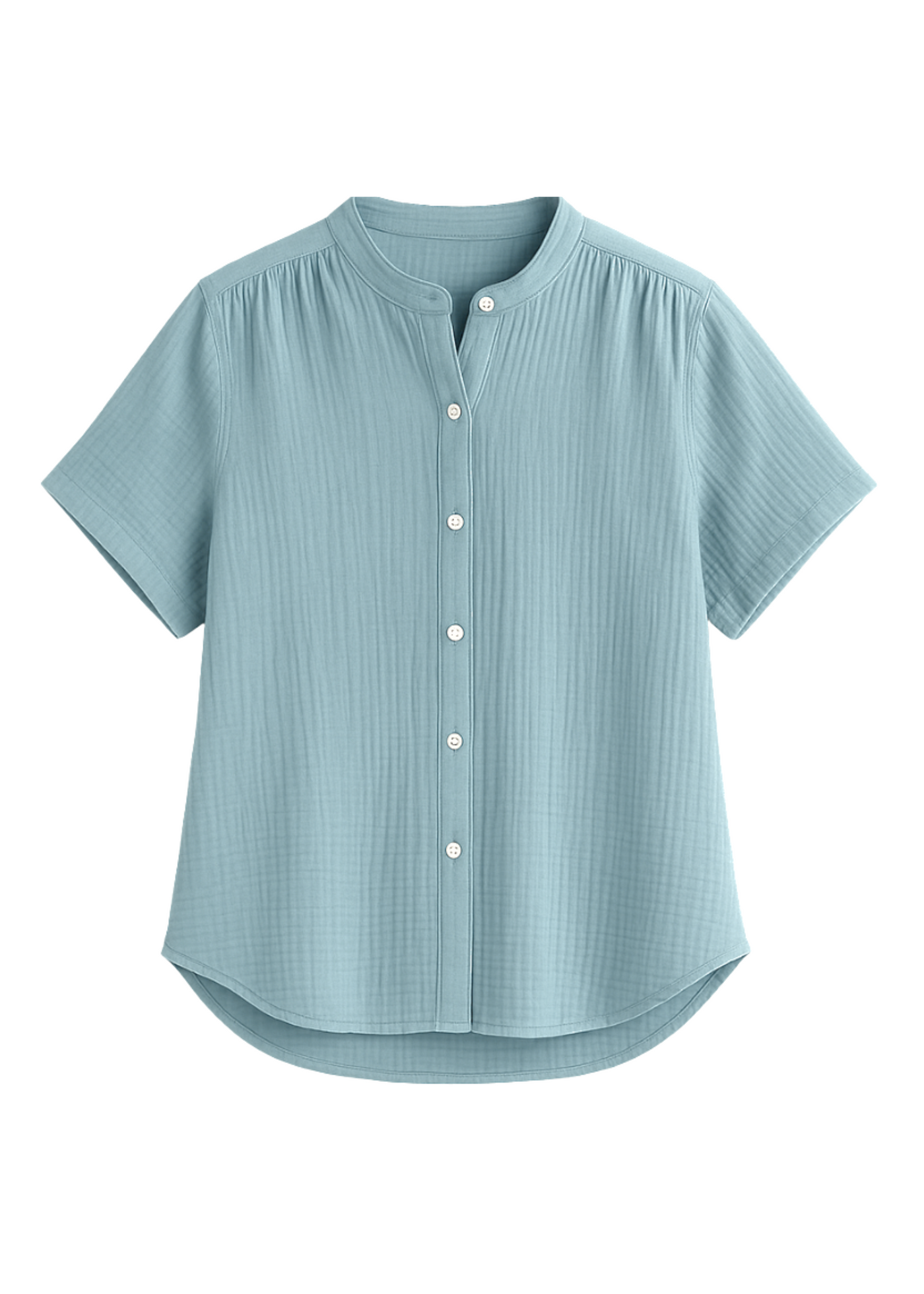 Light blue cotton gauze button-down top with short sleeves and a band collar.