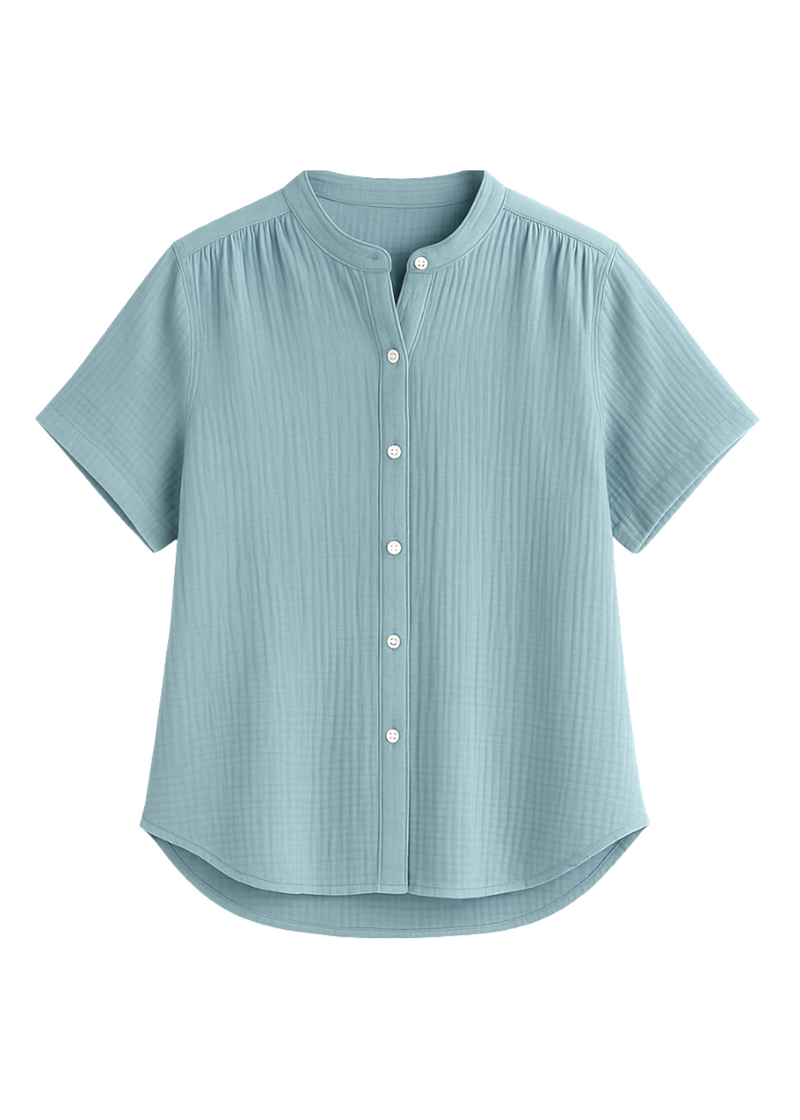 Light blue cotton gauze button-down top with short sleeves and a band collar.