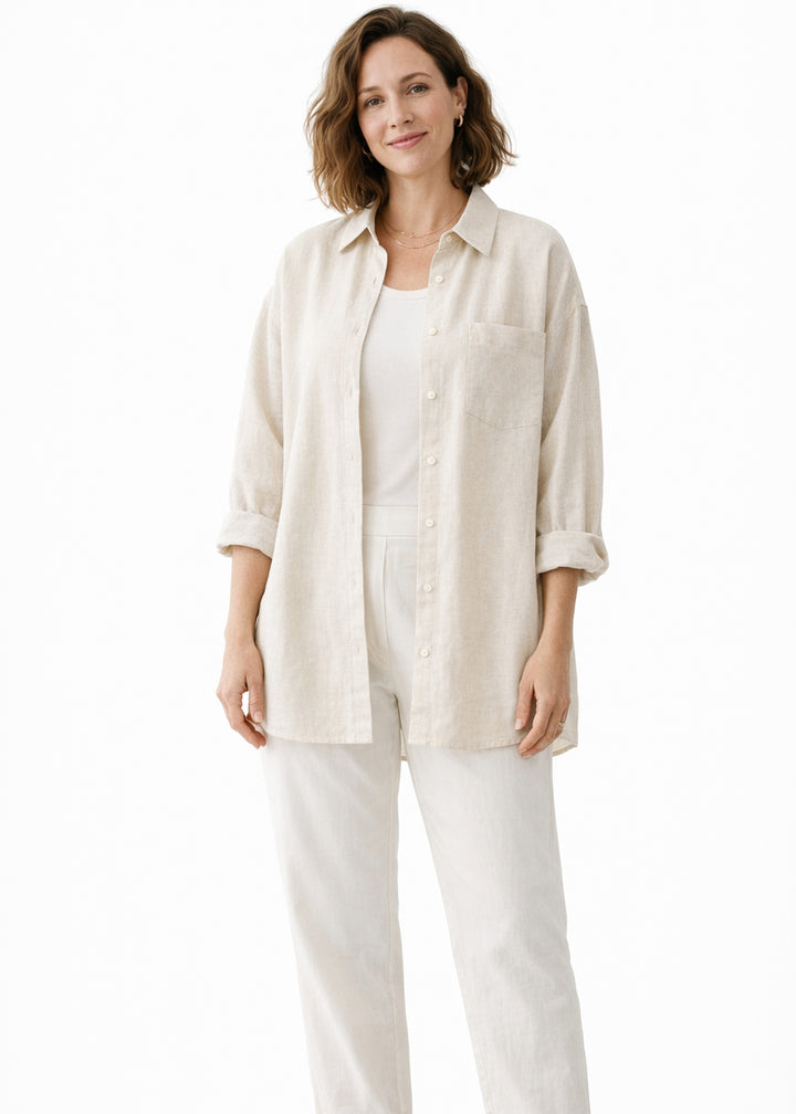 Oversized Boyfriend Linen Button-Down Shirt in Linen in Natural — on model