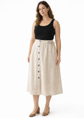 A-Line Button-Front Gingham Linen Midi Skirt in Linen in Natural — on model