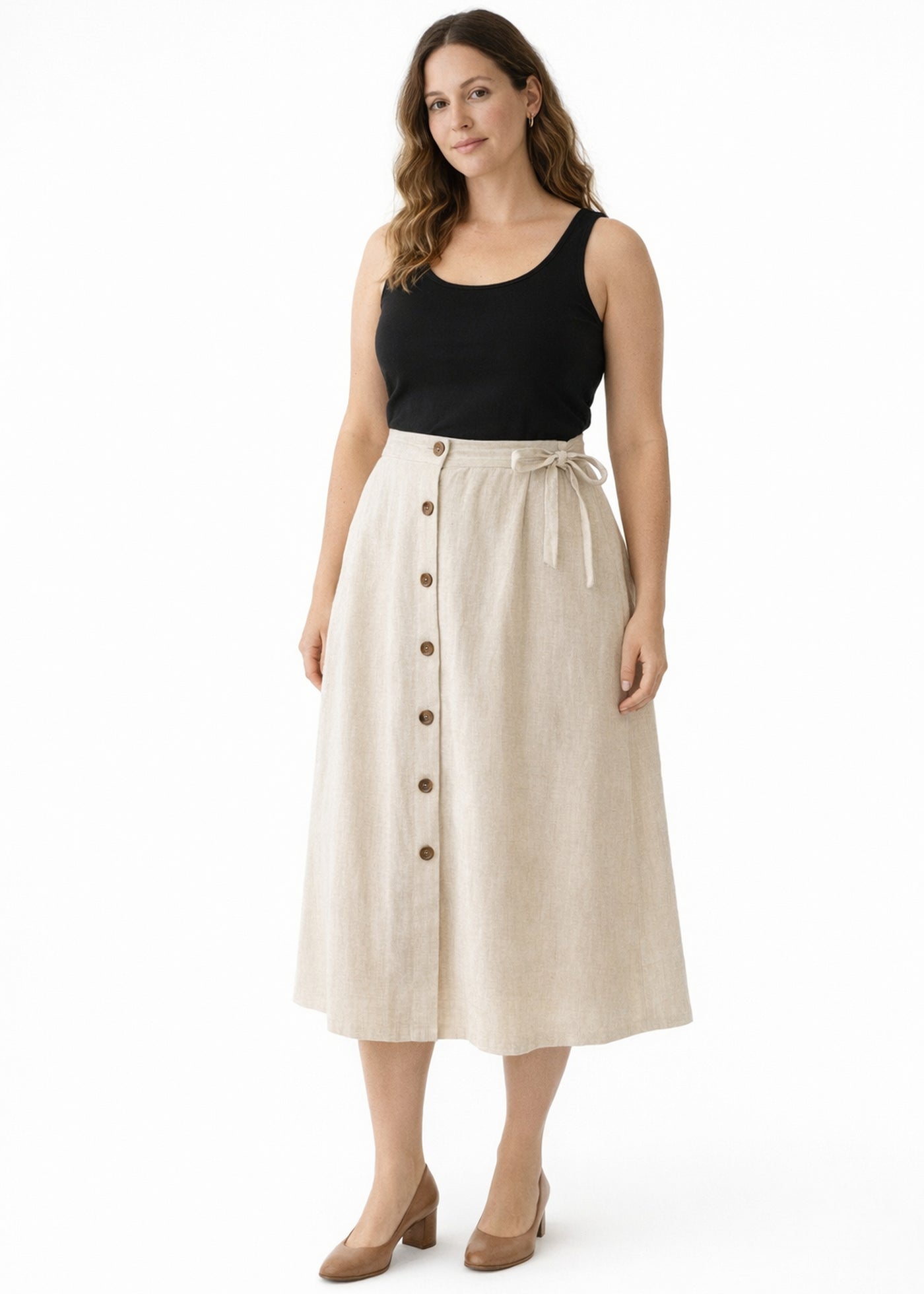 A-Line Button-Front Gingham Linen Midi Skirt in Linen in Natural — on model