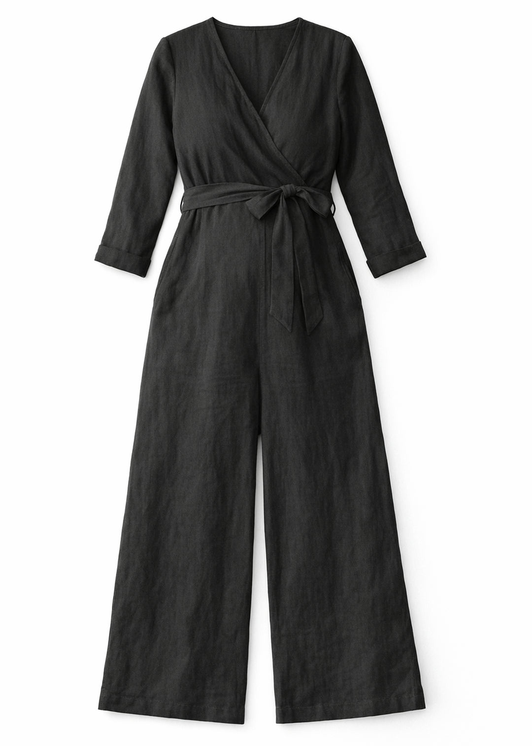 Wrap-Front Wide-Leg Nursing Linen Jumpsuit in Linen in Black — flat lay