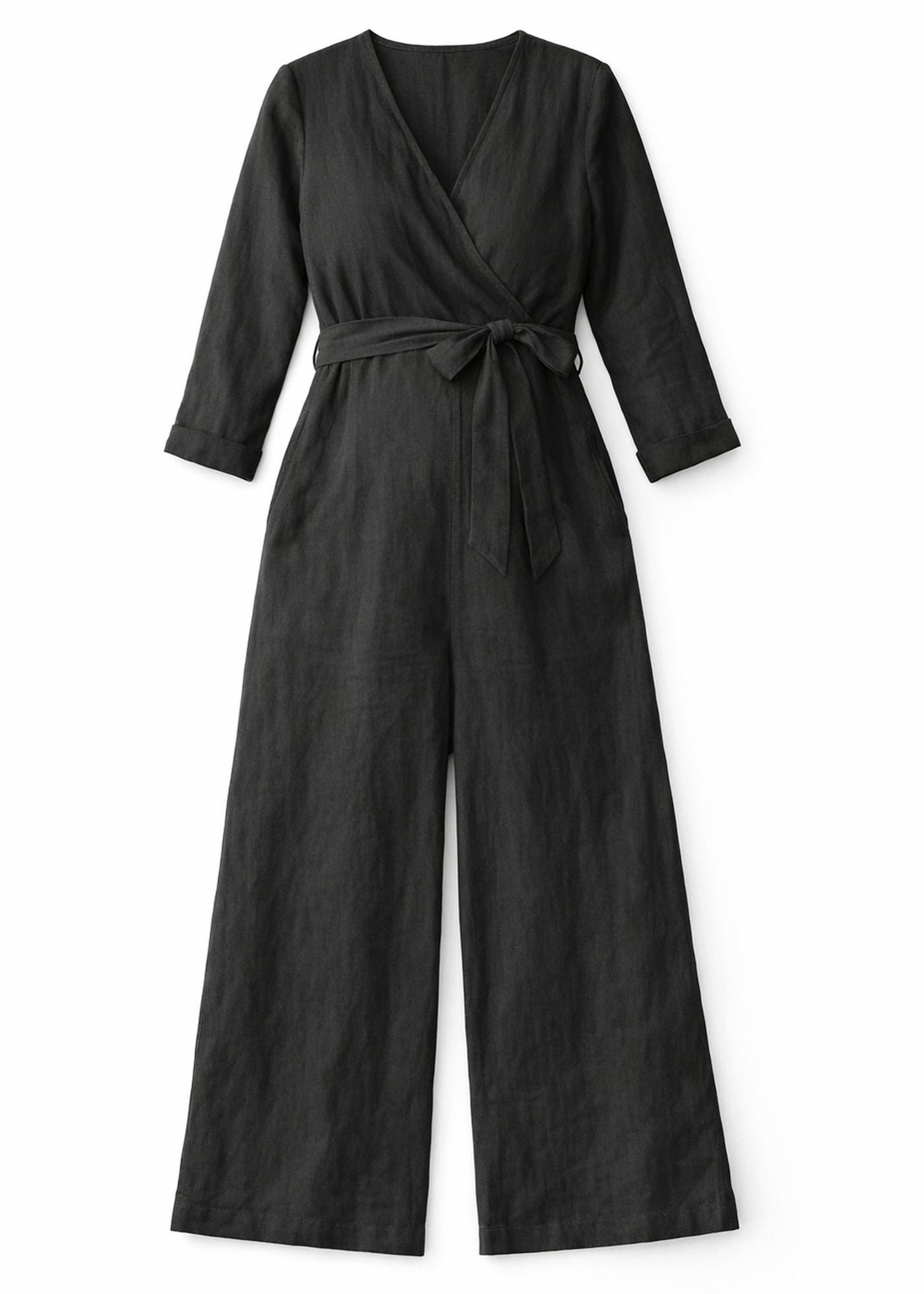 Wrap-Front Wide-Leg Nursing Linen Jumpsuit in Linen in Black — flat lay
