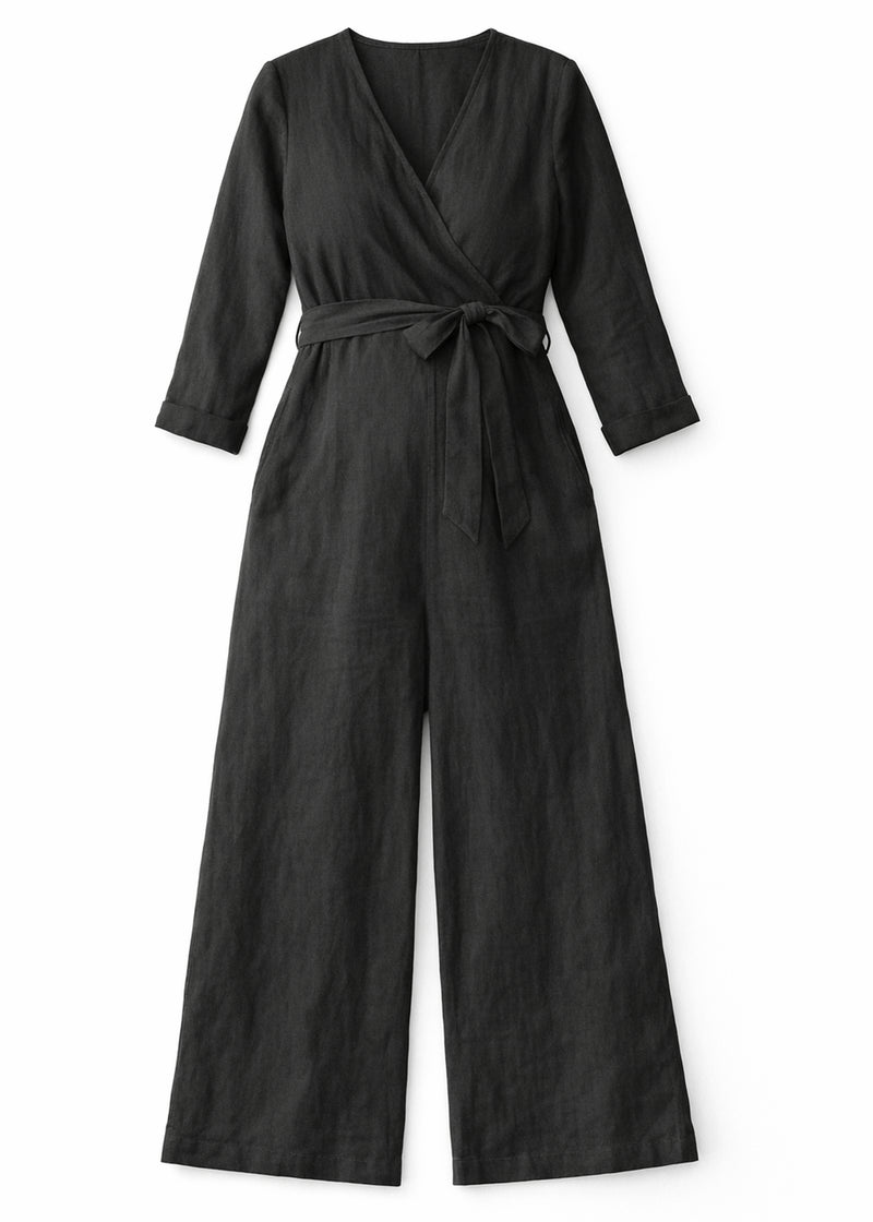 Wrap-Front Wide-Leg Nursing Linen Jumpsuit in Linen in Black — flat lay