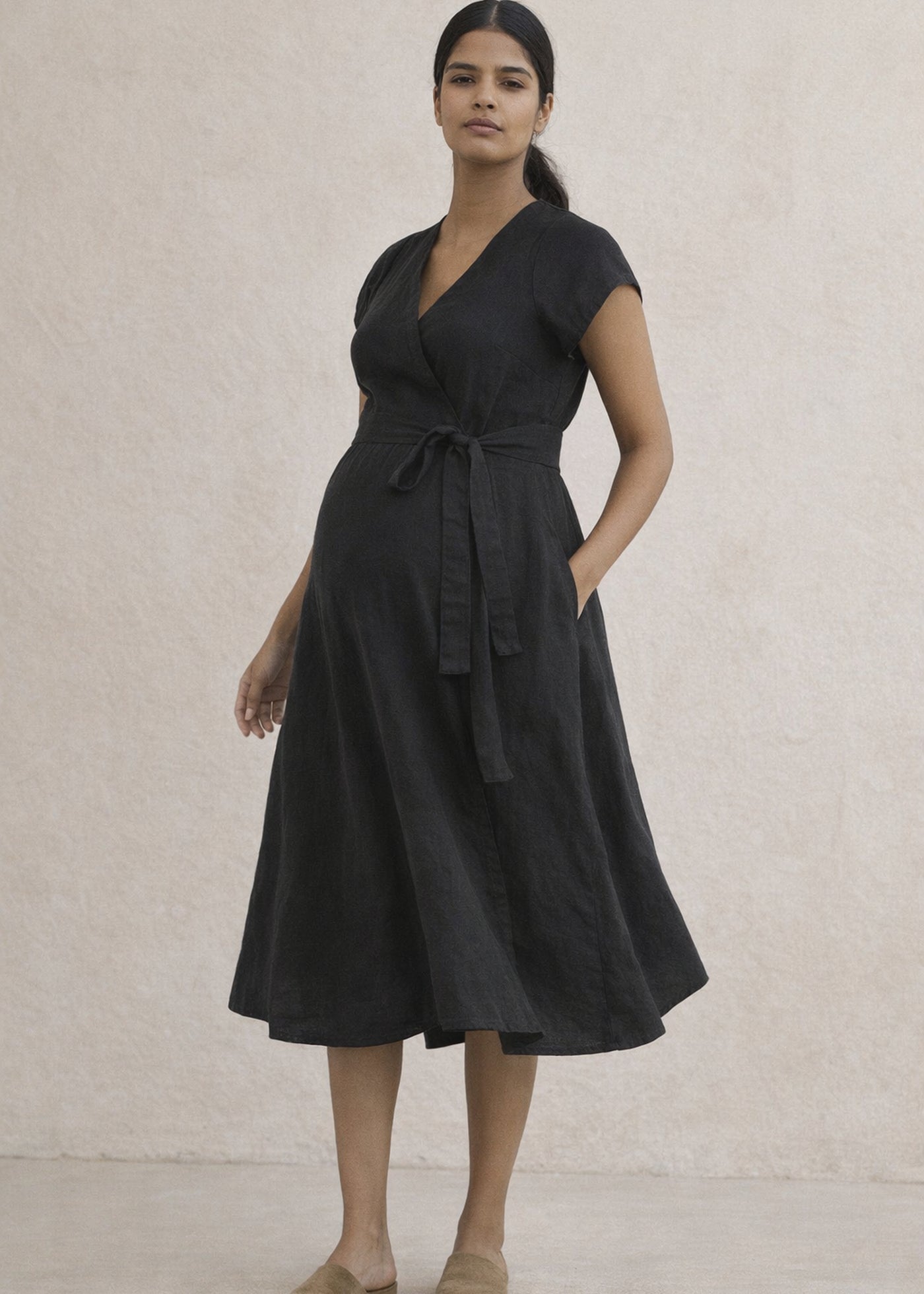 Cap-Sleeve Wrap Linen Midi Dress in Linen - 06