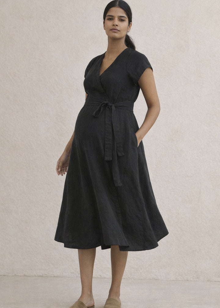Cap-Sleeve Wrap Linen Midi Dress in Linen - 06