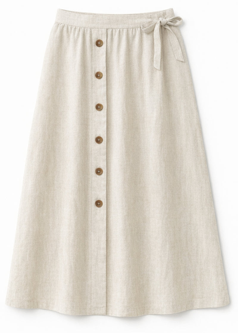 A-Line Button-Front Gingham Linen Midi Skirt in Linen in Natural — flat lay