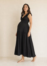 Flutter Sleeve Ruched Maxi Dress in Cotton in Black — on model