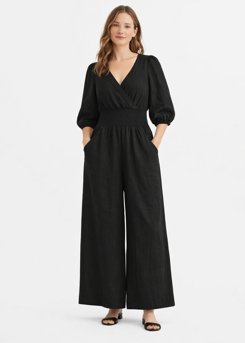 Faux-Wrap Wide-Leg Linen Jumpsuit in Linen in Black — on model