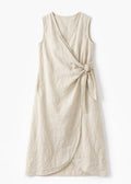 Sleeveless Ruched-Side Linen Wrap Dress in Natural — flat lay
