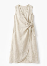 Sleeveless Ruched-Side Linen Wrap Dress in Natural — flat lay