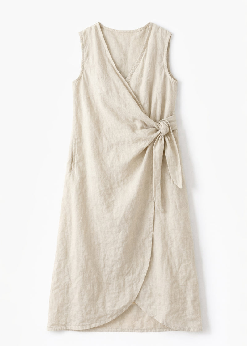 Sleeveless Ruched-Side Linen Wrap Dress in Natural — flat lay