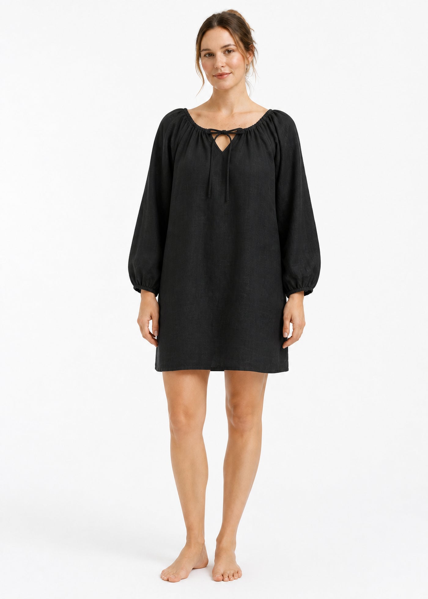 Gathered-Neck Sleep Dress in Black - on model