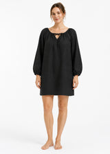 Gathered-Neck Sleep Dress in Black - on model