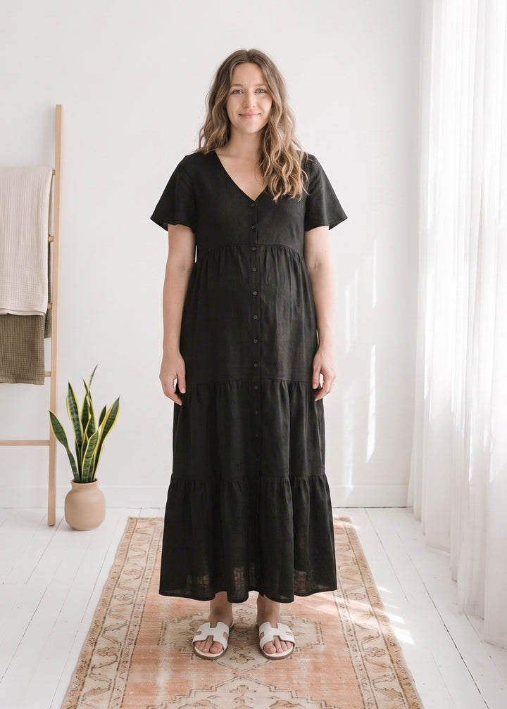 Flutter-Sleeve Tiered Linen Maxi Dress in Linen in Black — on model