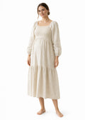 Long-Sleeve Smocked-Bodice Linen Midi Dress in Linen in Natural — on model